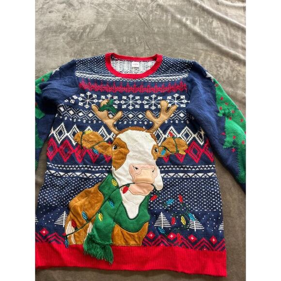 Holiday Time Ugly Christmas Sweater COW with‎ Antlers & Bell 42-44 Large Blue - Picture 1 of 5
